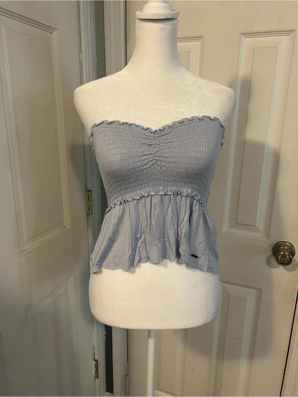 Hollister Smocked Strapless Peplum Tube Top Light Blue